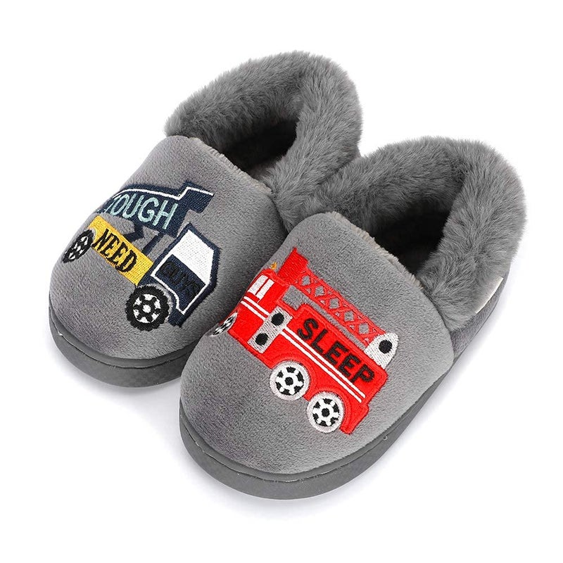 ESTAMICO Boys Girls Warm Slippers Cartoon Truck Kids Winter Indoor Household Shoes, Gray 9-10 Toddler - Image 1